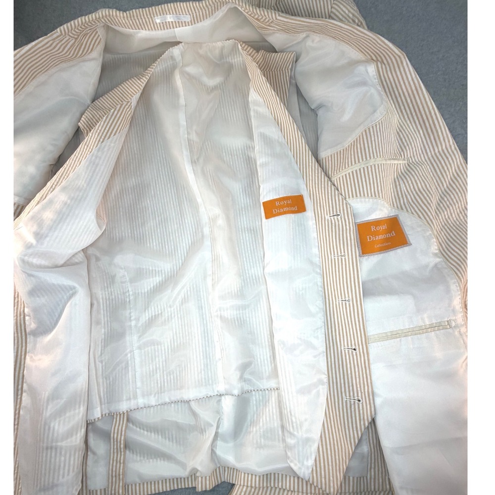 Royal Diamond Mens 3 Piece Seersucker Suit Tan White Stripe 52R Blazer Vest Pant - Picture 4 of 13
